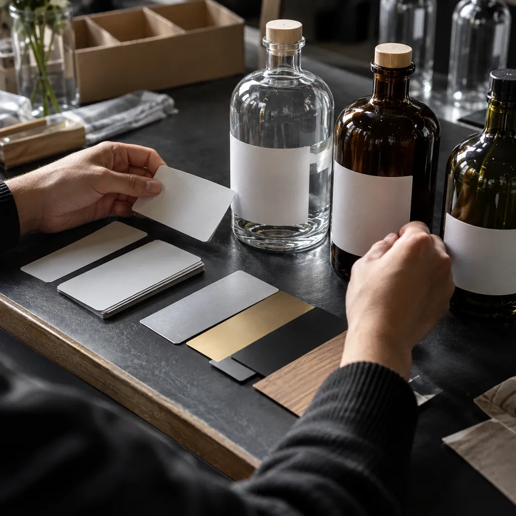 Hands aligning labels and finish references beside glass bottles on a dark production table