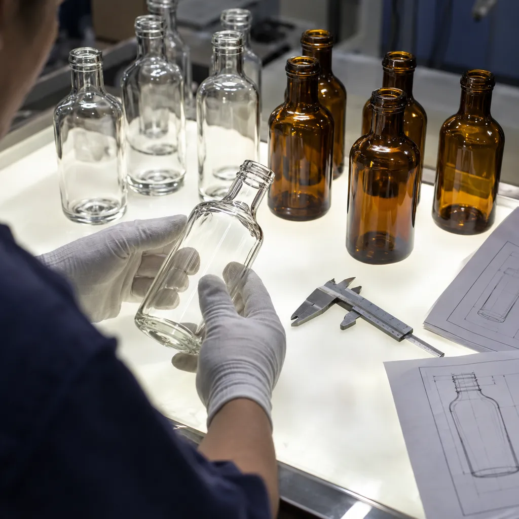 Glass bottles under inspection lighting with calipers and specification sheets nearby
