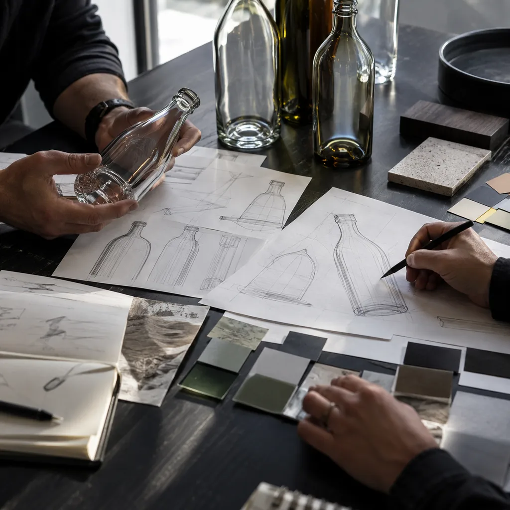 Hands reviewing bottle drawings, glass finish chips, and production notes on a dark table