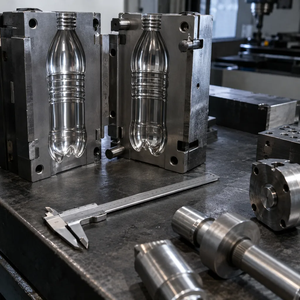 Bottle mold tooling and precision measuring tools on a dark workbench