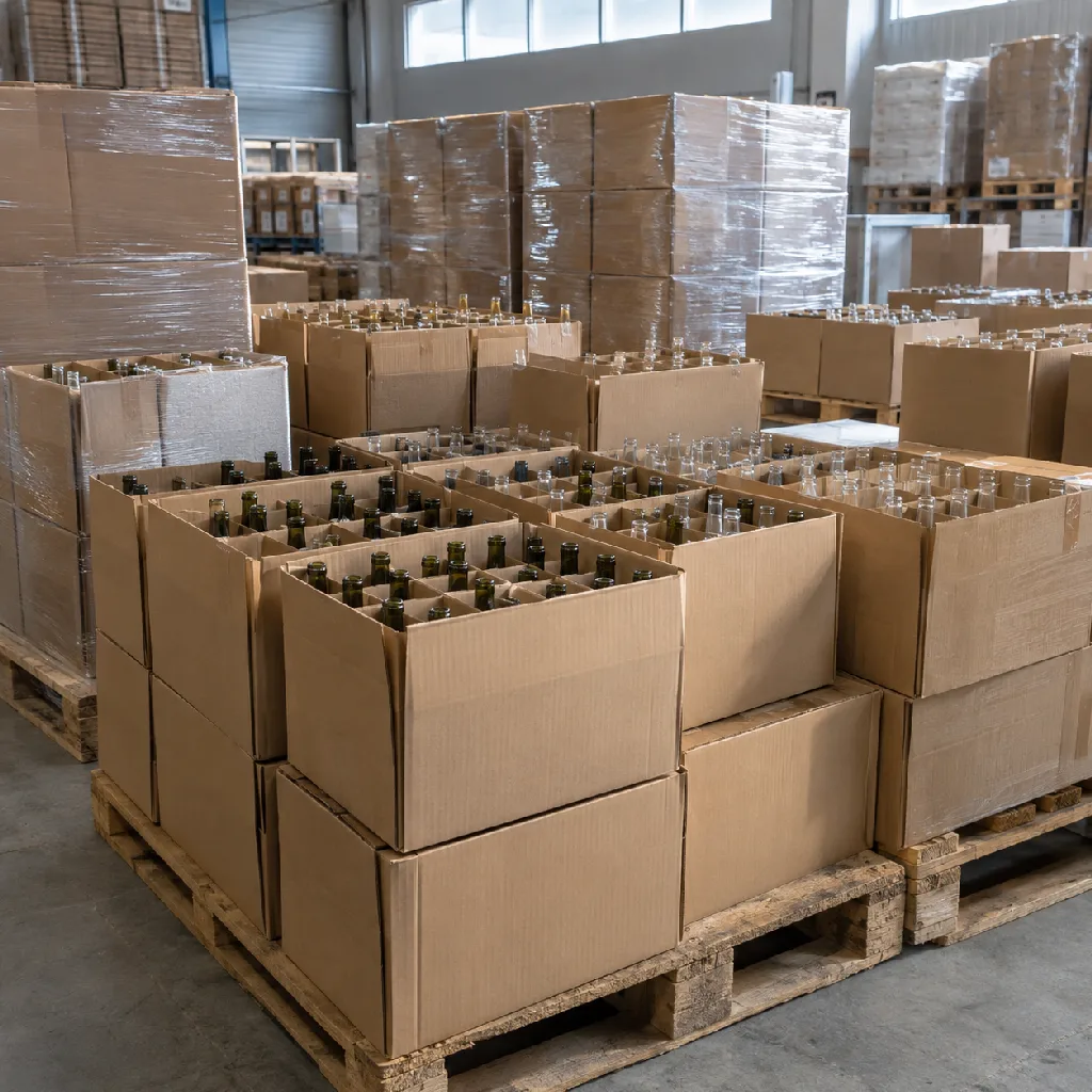 Packed glass bottle cartons on pallets with protective dividers in an organized shipping area