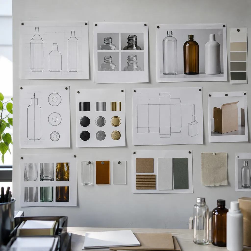 Wall of bottle drawings, finish references, and packing notes in a clean manufacturing office